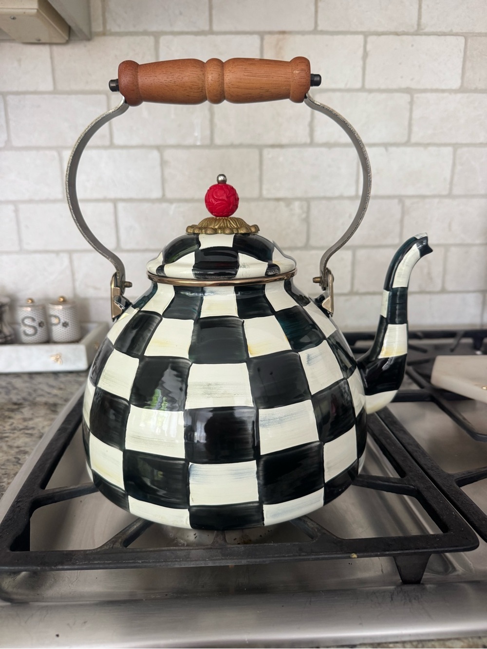MacKenzie-Childs Black and White Checkerboard Teakettle with Red Knob